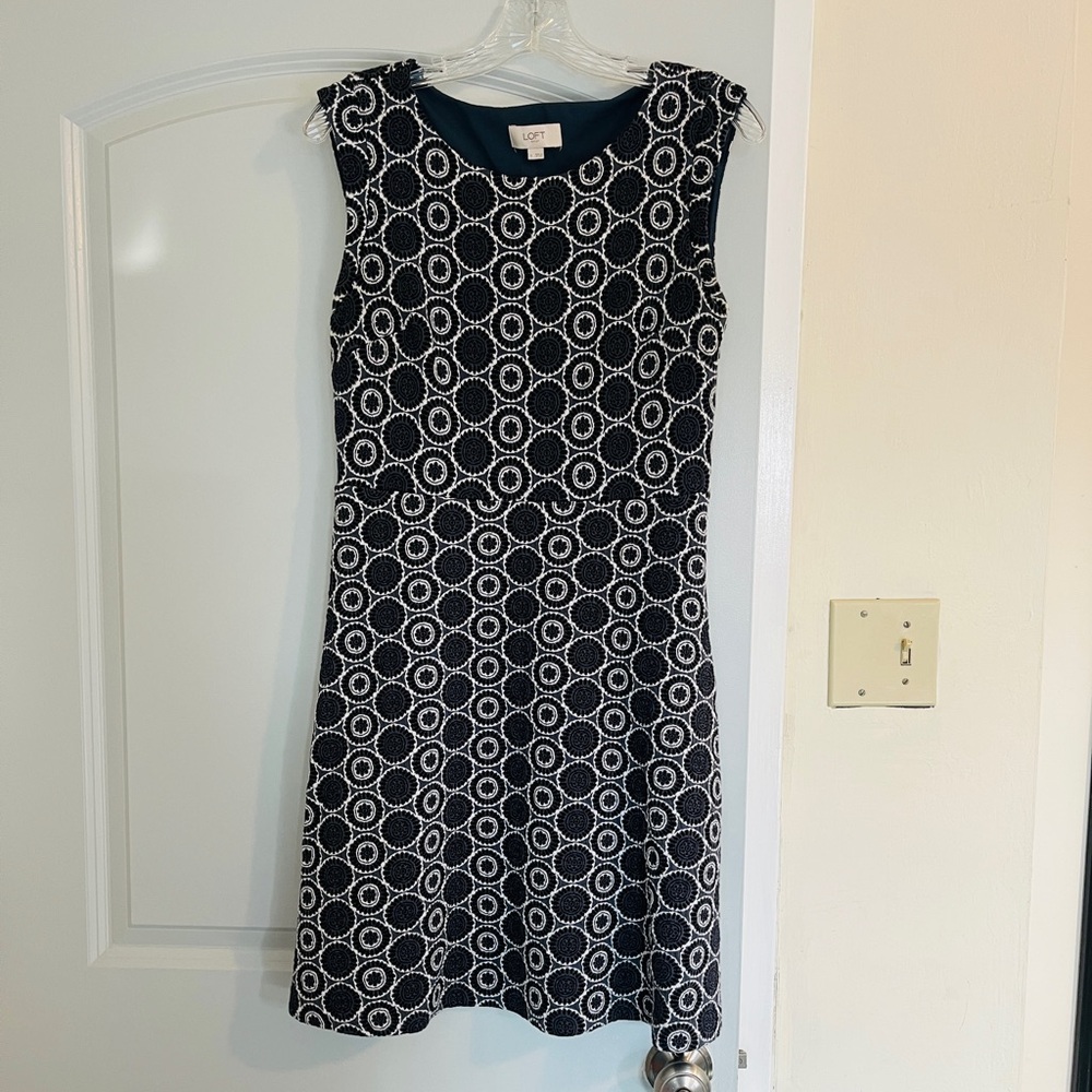 LOFT Gray and White Geometric Midi Dress.